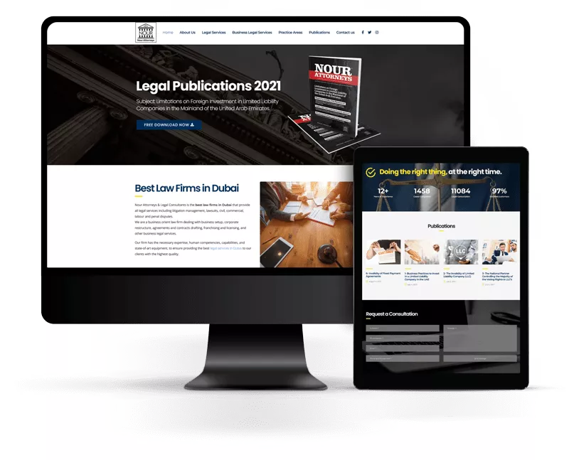 web design showing lawfirm on computer and tab screen